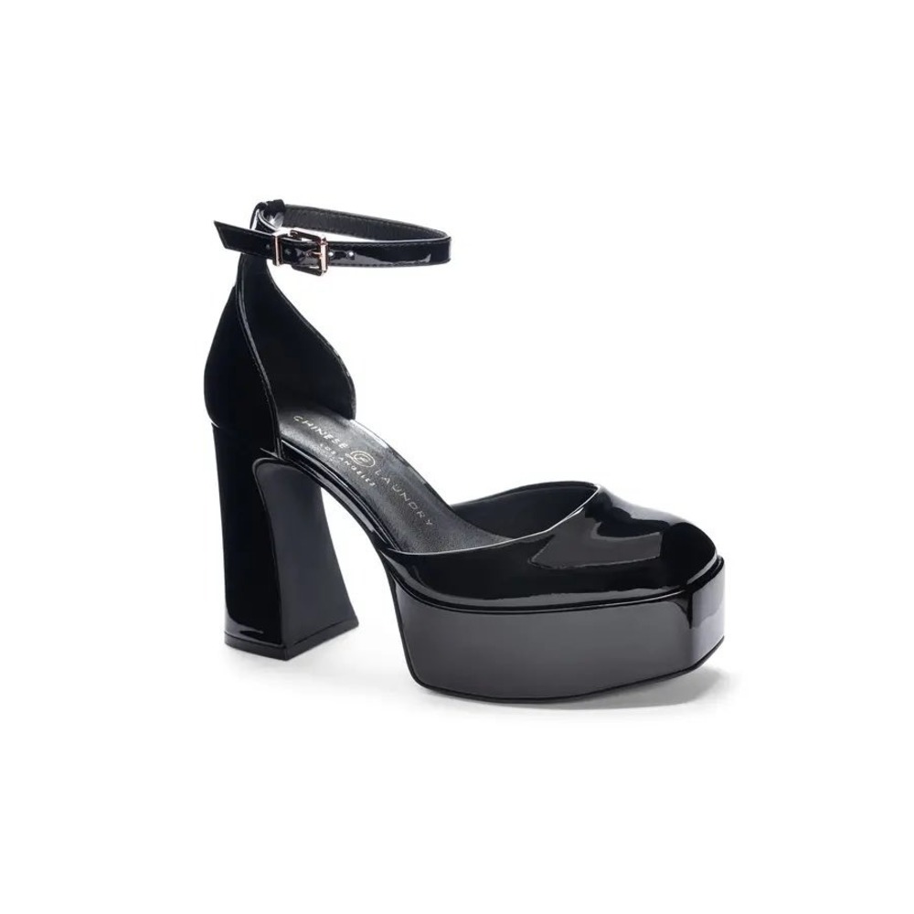 Chinese Laundry Black Patent Platform Pumps‎ Square Toe Block Heel Womens 7